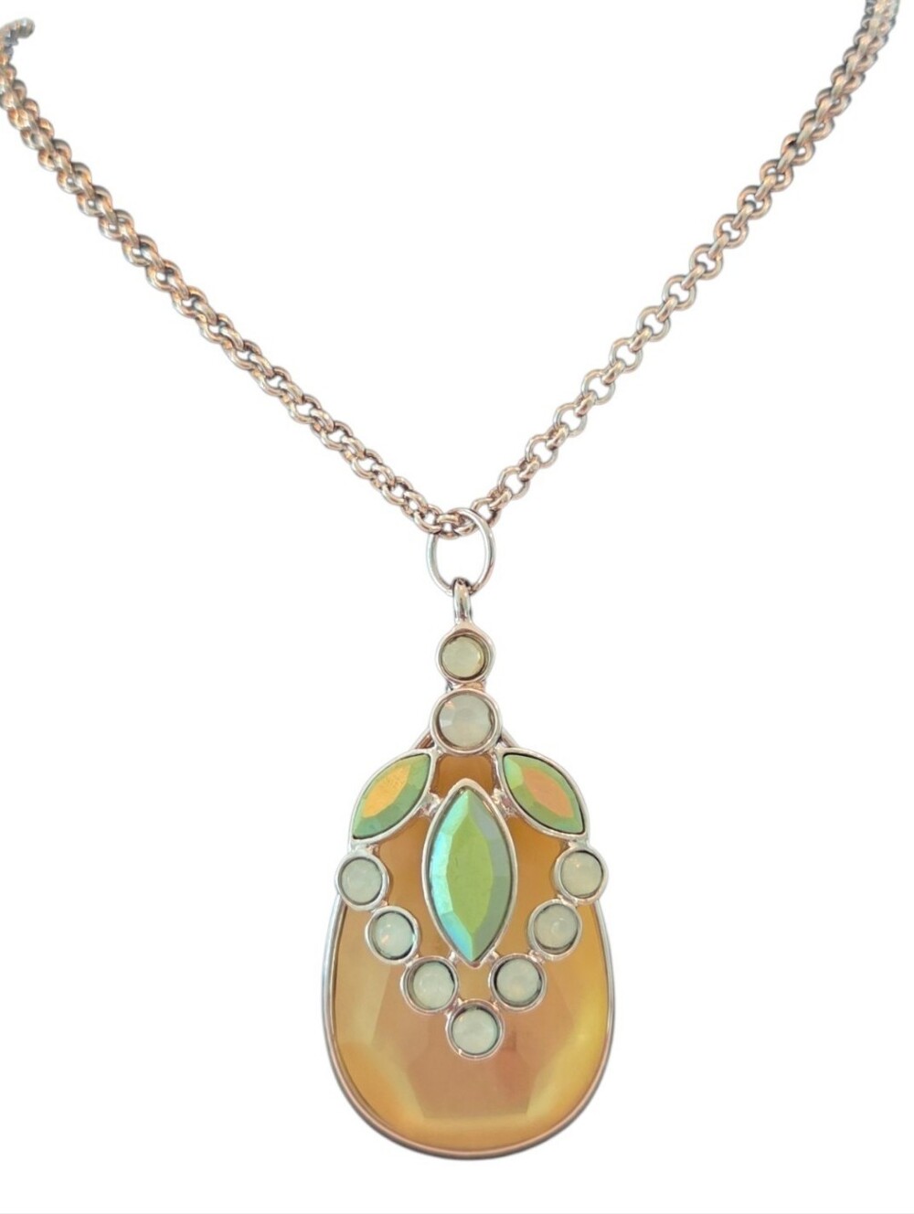 Lia Sophia Vintage Iridescent Teardrop Statement Pendant Necklace Gold Tone